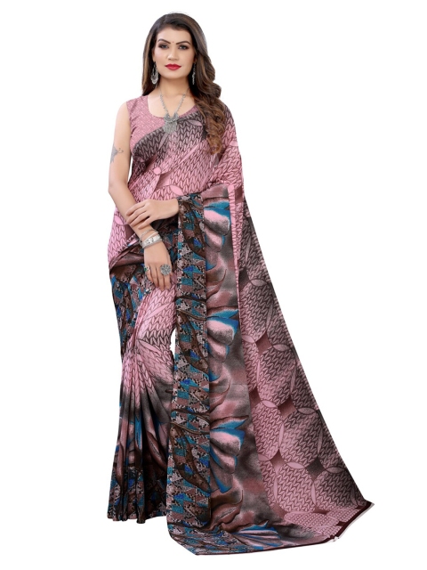 KALINI Pink & Blue Floral Printed Pure Georgette Designer Saree