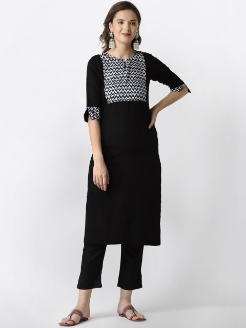 SANISA Women Black Geometric Yoke Design Keyhole Neck Handloom Kurta