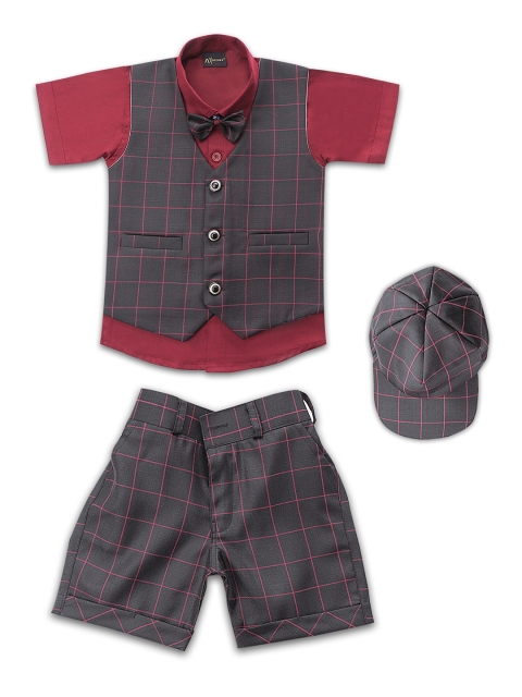 Aj DEZInES Boys Red & Brown Shirt with Shorts, Waistcoat & Cap
