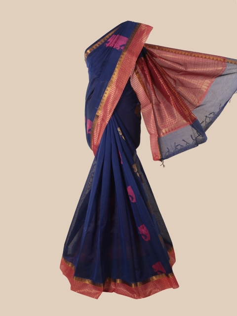 Pothys Navy Blue & Pink Ethnic Motifs Zari Silk Cotton Saree