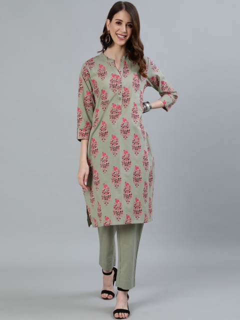 Ishin Women Green Ethnic Motifs Printed Pure Cotton Kurta with Trousers