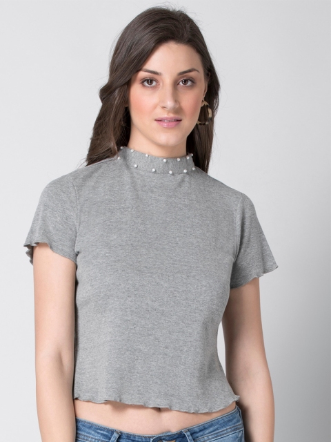FabAlley Grey Melange Regular Crop Top