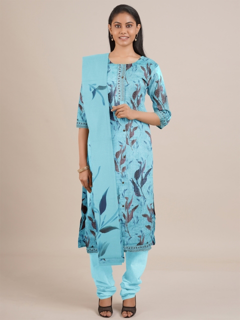 Pothys Blue & Brown Printed Unstitched Dress Material
