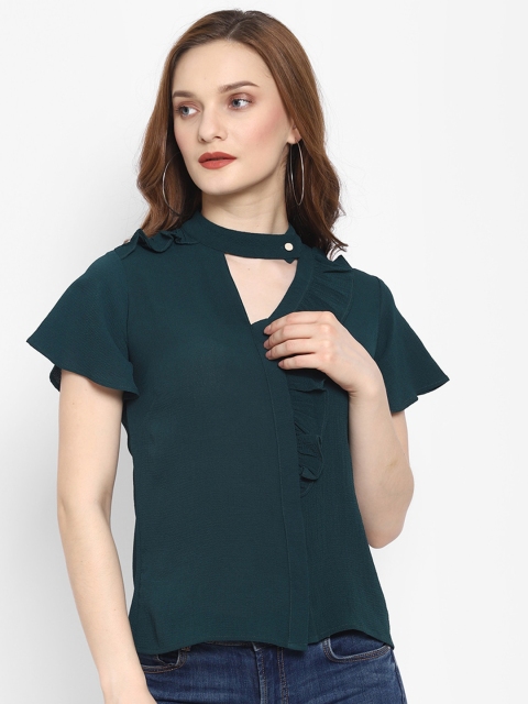 NIXX Teal Choker Neck Ruffles Crepe Regular Top