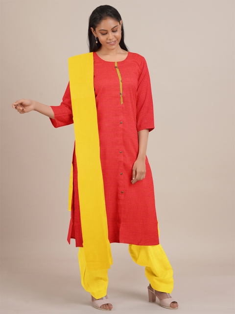 Pothys Red & Yellow Unstitched Dress Material