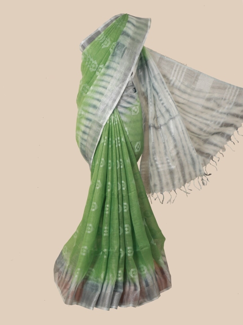 Pothys Green & Silver-Toned Woven Design Zari Linen Blend Saree