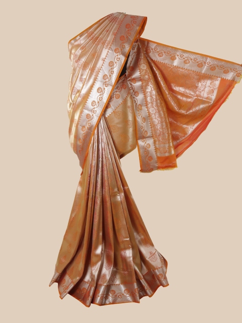 Pothys Orange & Silver Coloured Ethnic Motifs Zari Pure Silk Saree