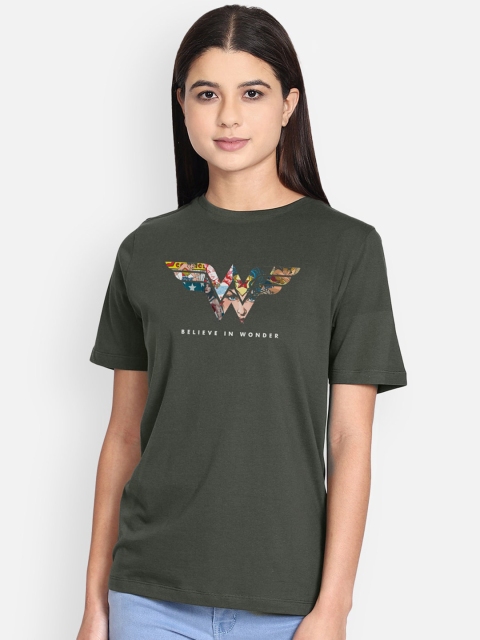 Free Authority Women Olive Green Cotton Wonder Woman Print Pure Cotton T-shirt