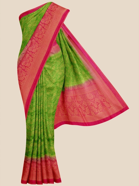 Kalamandir Green & Pink Ethnic Motifs Zari Silk Blend Banarasi Saree