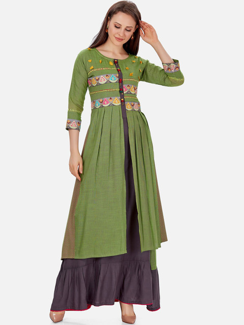 Kiana Green Ethnic Motifs Ethnic Maxi Dress with Shrug
Kiana Green Ethnic Motifs Ethnic Maxi Dress with Shrug