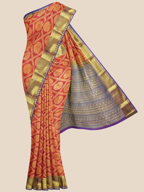 Kalamandir Orange & Blue Floral Zari Silk Blend Kanjeevaram Saree