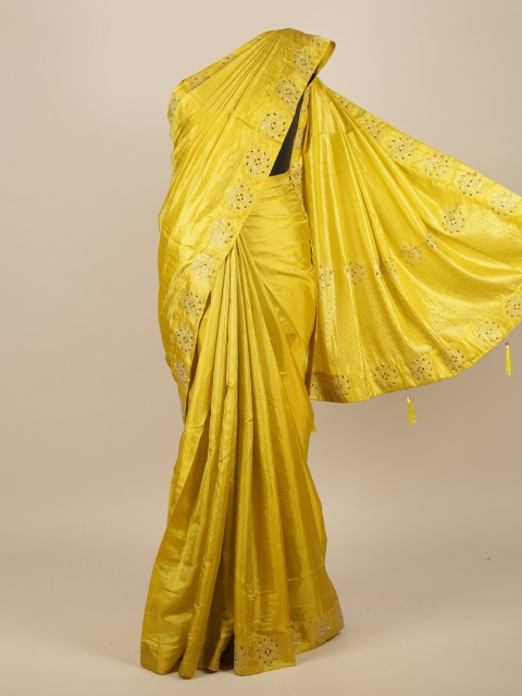 Pothys Lime Green & Silver-Toned Jute Silk Saree