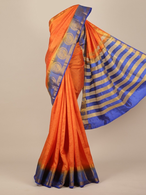 Pothys Orange & Navy Blue Ethnic Motifs Zari Jute Silk Saree