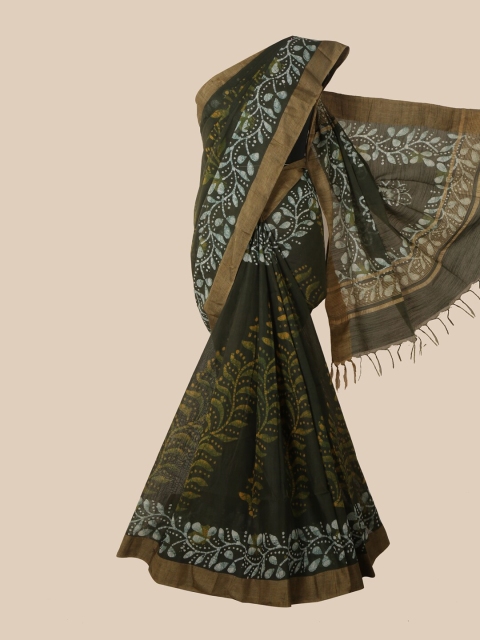 Pothys Green & Off White Batik Jute Cotton Saree