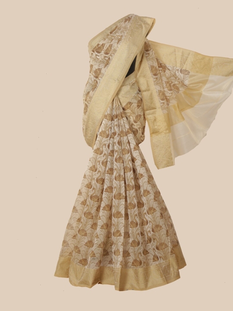 Pothys Cream & Beige Floral Zari Supernet Saree