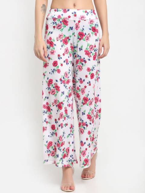 NEUDIS Women White & Pink Floral Printed Flared Knitted Palazzos