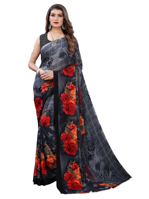 KALINI Women Grey & Orange Floral Printed Pure Georgette Saree