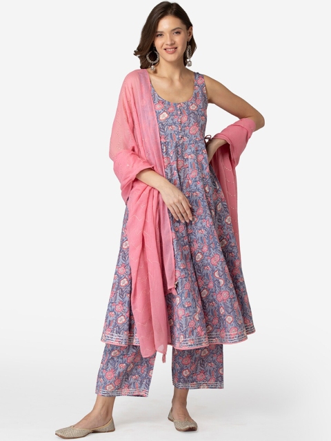 TARA-C-TARA Women Purple & Pink Floral Printed Pure Cotton Kurta & Palazzos With Dupatta