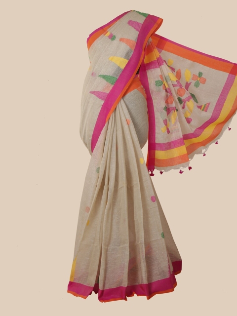Pothys Cream & Green Linen Blend Saree