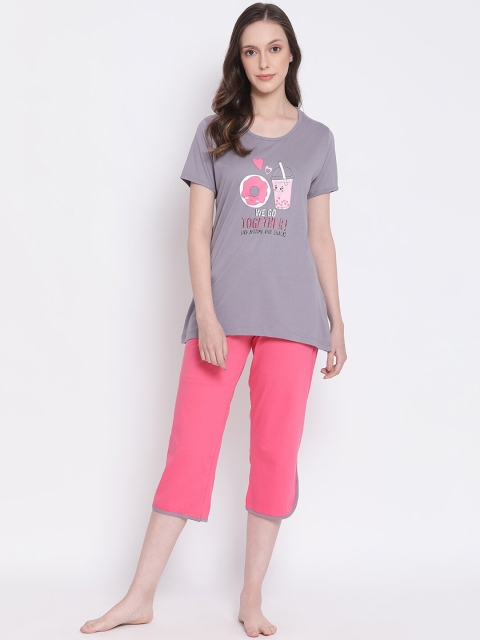 Kanvin Women Grey & Pink Printed Night suit