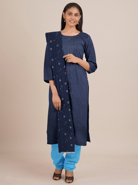 Pothys Navy Blue & White Raw Silk Unstitched Dress Material