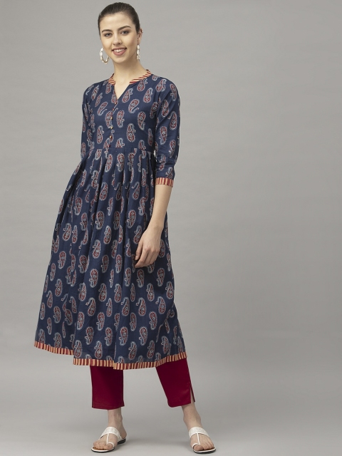 SANISA Women Blue Paisley Printed Handloom Empire Kurta