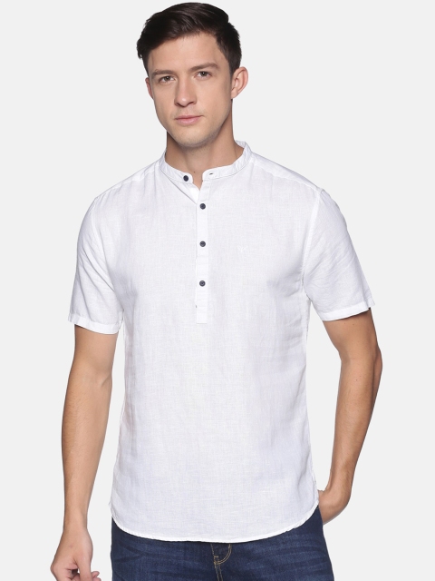 SHOWOFF Men White Slim Fit Linen Kurta