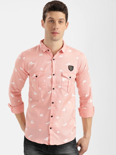 V2 Value & Variety Men Peach-Coloured Slim Fit Printed Casual Shirt