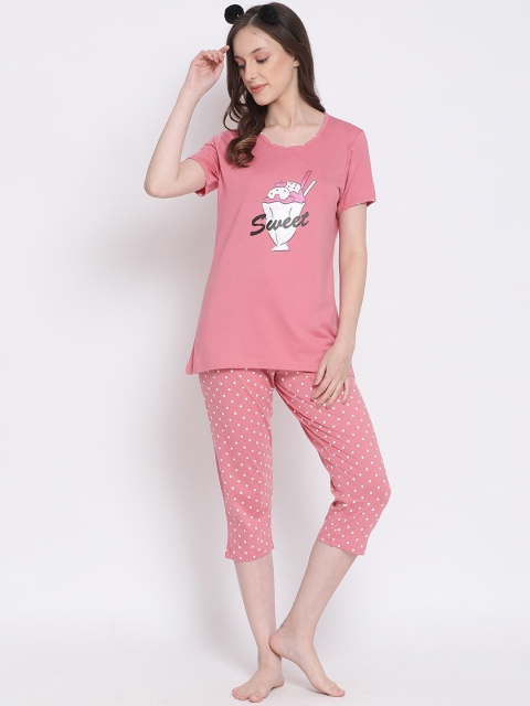 Kanvin Women Pink Printed Cotton Night suit