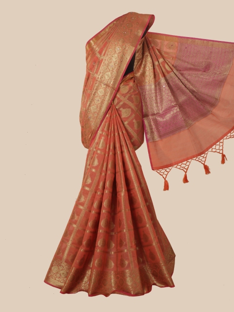 Pothys Orange & Gold-Toned Floral Jute Silk Saree With Tasseled Pallu