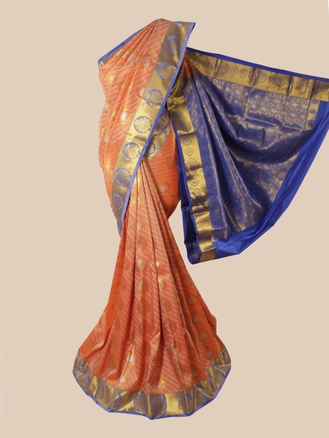 Pothys Peach & Blue Woven Design Pure Silk Saree