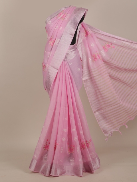 Pothys Pink & Beige Floral Embroidered Cotton Blend Saree