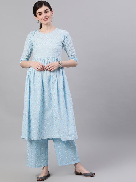 Nayo Women Blue Printed Empire Pure Cotton Kurta with Palazzos