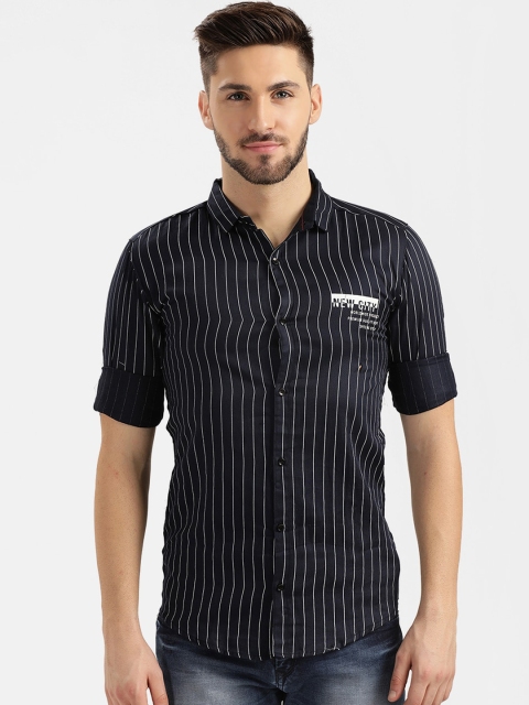 V2 Value & Variety Men Navy Blue Slim Fit Horizontal Stripes Striped Casual Shirt