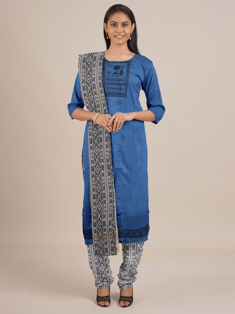 Pothys Blue & Grey Printed Unstitched Dress Material