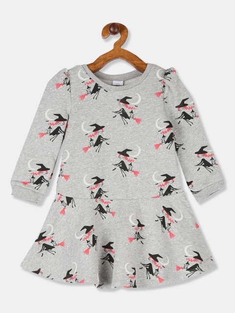 GAP Girls Grey Melange & Black Conversational Print Drop-Waist Dress