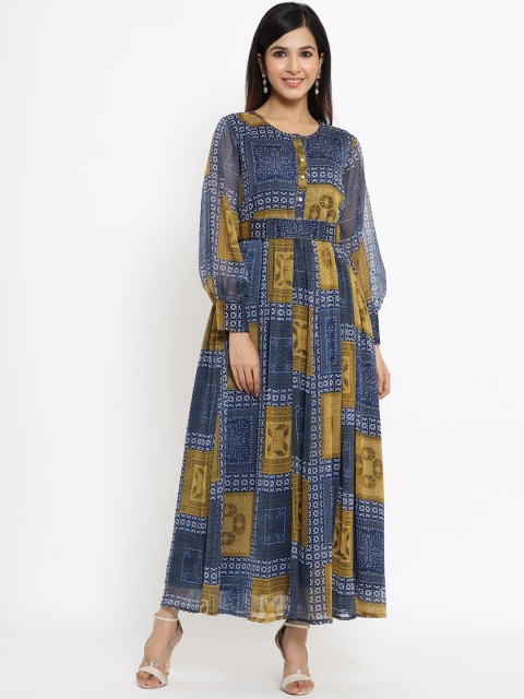 Juniper Women Navy Blue & Yellow Chiffon Printed Fit & Flare Maxi Dress