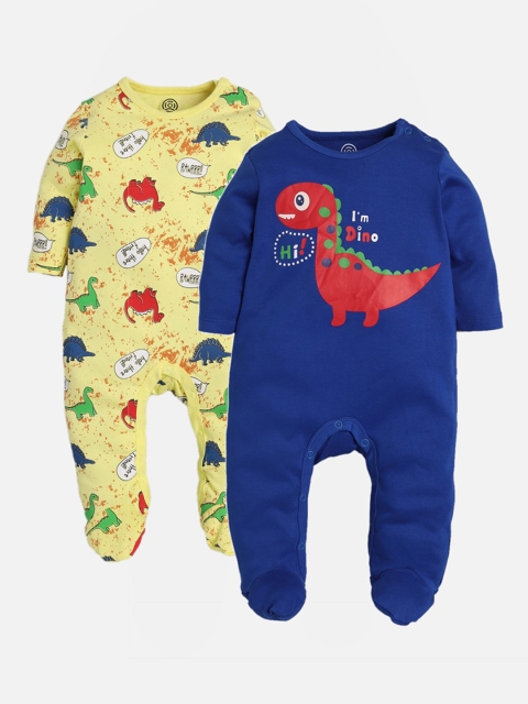 TAMBOURINE Infant Boys Pack Of 2 Blue & Yellow Printed Pure Cotton Sleepsuits, Navy blue