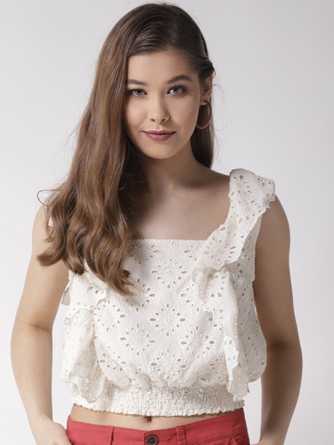 SCOUP Cream Embellished Blouson Crop Top