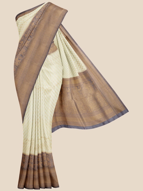 KLM Fashion Mall Cream & Brown Woven Design Silk Blend Banarasi Saree