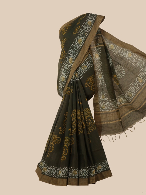 Pothys Green & White Floral Jute Cotton Saree