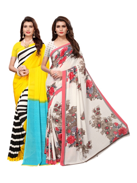 KALINI Pack of 2 Printed Poly Georgette Saree, Yellow