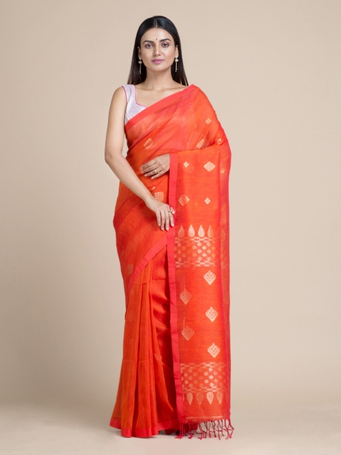 Mitera Women Orange & Gold Linen Blend Ethnic Motif Woven Designed Saree