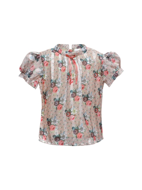 Daffodils GIRLS WEAR Beige Floral Puff Sleeve Georgette Regular Top