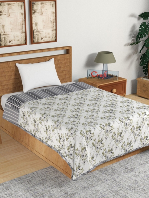 eCraftIndia White & Green Floral AC Room 150 GSM Reversible Single Bed Dohar