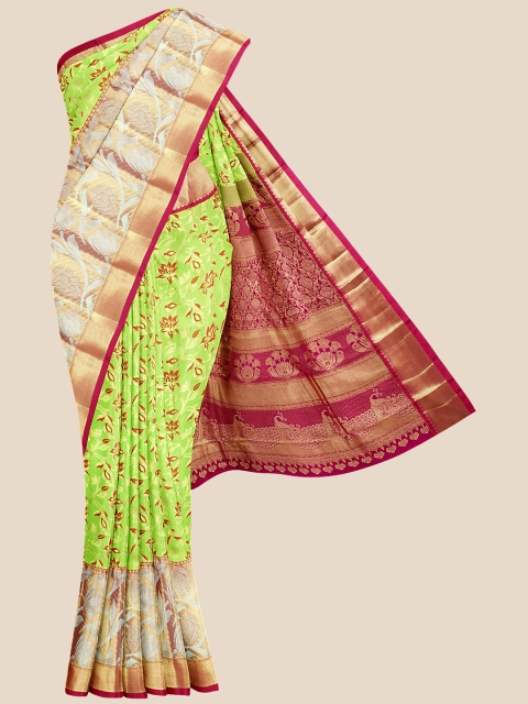 Kalamandir Green & Burgundy Floral Zari Silk Blend Kanjeevaram Saree