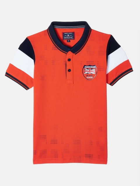Monte Carlo Boys Orange & Black Colourblocked Polo Collar T-shirt