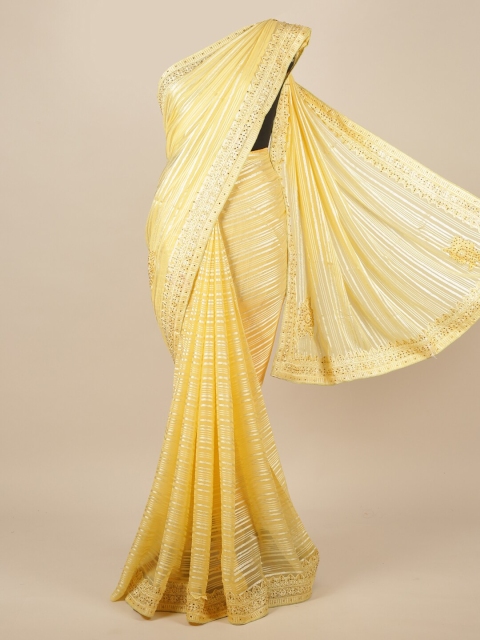 Pothys Yellow Striped Beads and Stones Poly Chiffon Saree