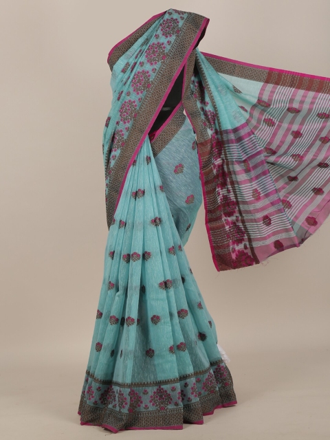 Pothys Blue & Pink Floral Cotton Blend Saree