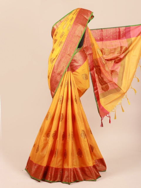 Pothys Yellow & Pink Ethnic Motifs Zari Cotton Blend Saree